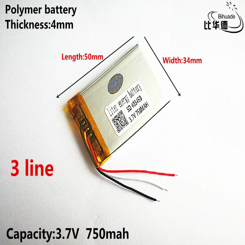 3 lijn Goede Qulity 3.7 V, 750 mAH, 403450 lithium Polymeer ion/Li-Ion batterij voor SPEELGOED, POWER BANK, GPS, mp3, mp4