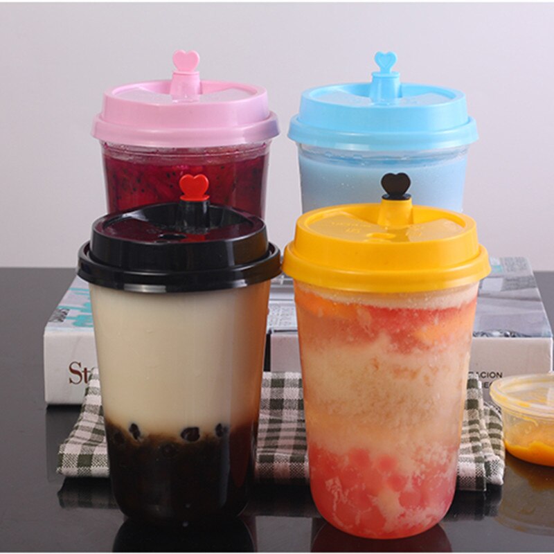 50pcs Disposable plastic cups for drinking 500ml juice coffee takeaway packaging cups with heart stopper lids party favor