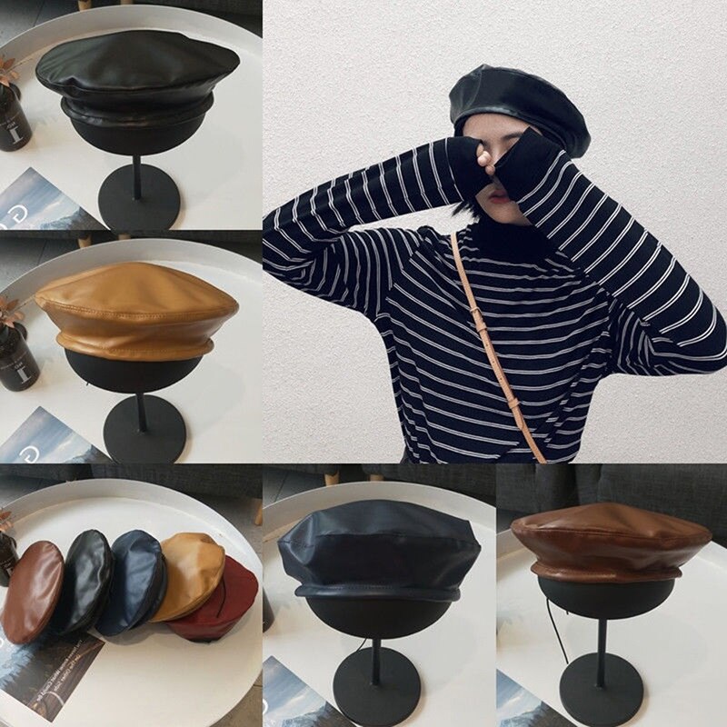 5 farger årgang imitert pu skinn beret lue flat lokk fast svart kaffe vin rød marine fransk caps til kvinner menn