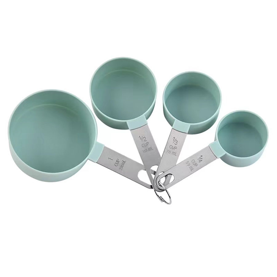 Juego de cucharas y tazas medidoras de plástico, mango de acero inoxidable, herramientas de cocina para hornear, accesorios, aparatos de pesaje, 4 Uds./8 Uds.: Verde militar