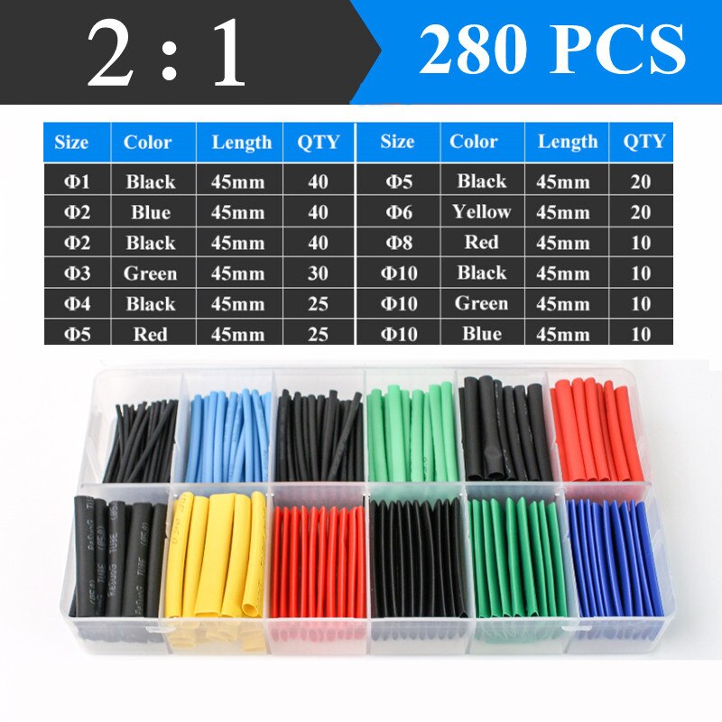 2：1 Shrinking Tubing Assorted Wire Cable Insulation Sleeving,Thermoresistant Tube Heat Shrink Wrapping Kit: 280pcs color Boxed