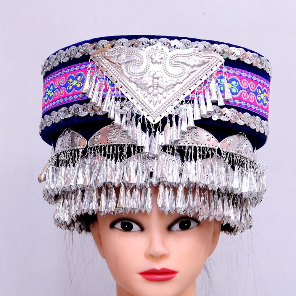 Coiffure de Costume de danse folklorique chinoise pour femmes, chapeaux Hmong Miao argentés, chapeaux de danseuse de scène, vêtements de la minorité chinoise