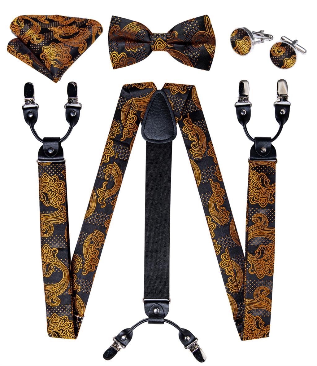 Luxury Yellow Men's Suspenders Silk Elastic 6 Clips Braces Wedding Party Accessories Men Y-back Suspenders Bow Tie Set DiBanGu: BD-4014