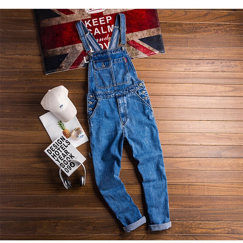 Mono vaquero azul americano para hombre, pantalones vaqueros rectos, pechera de Hip Hop con bolsillos grandes, pantalones Cargo