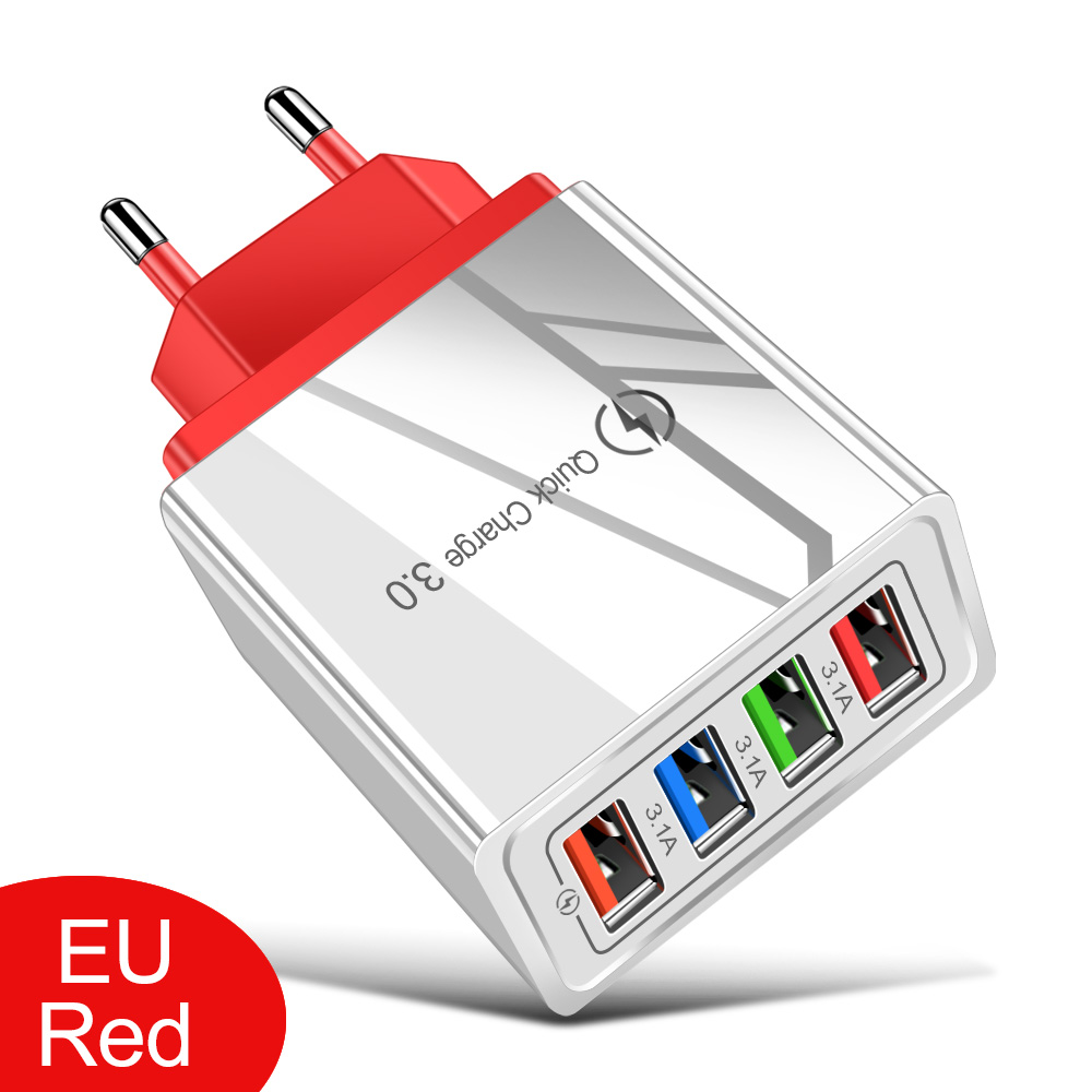 Usb Charger 4 Poorten 18W Quick Lader Snel Opladen Voor Iphone 13 12 Xiaomi Samsung S10 Huawei Draagbare Eu/Us Plug Muur Chargers: Red EU