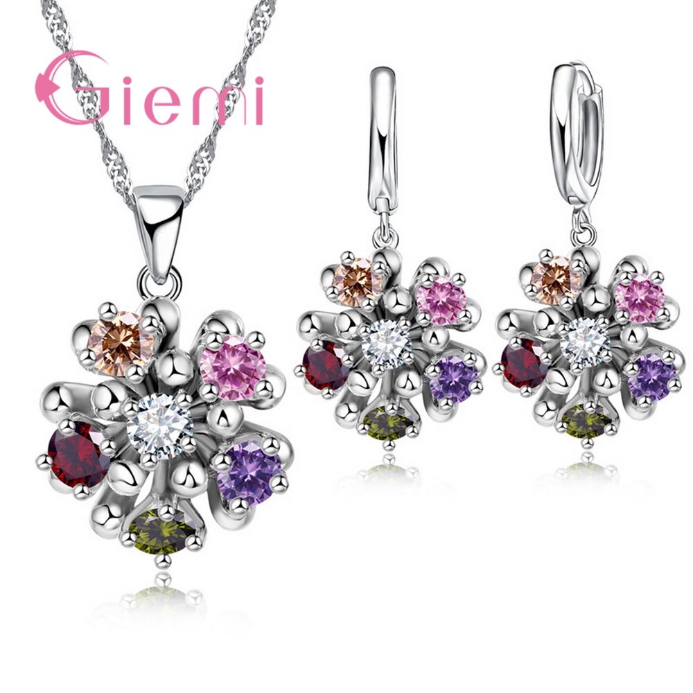 Kleurrijke Cz Zirconia Crystal Bloem Hanger Ketting Oorringen Set 925 Sterling Zilveren Sieraden Set