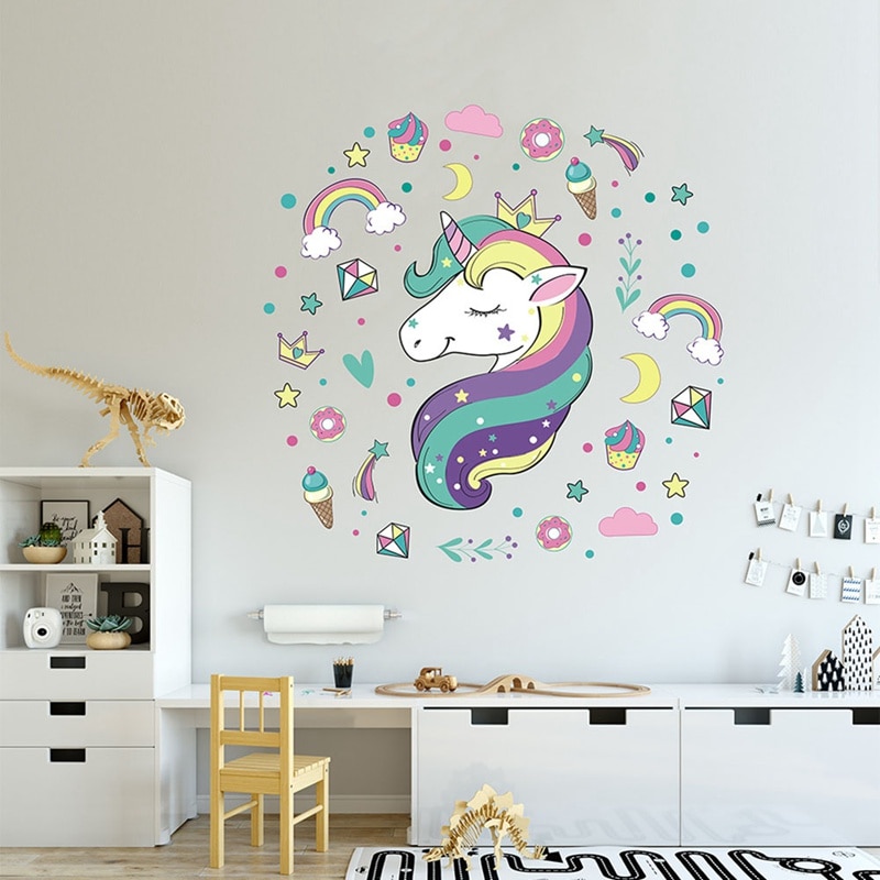 Eenhoorn Cartoon Muurstickers Verwijderbare Meisjes Kids Kinderkamer Decor Voor Thuis Decoraties