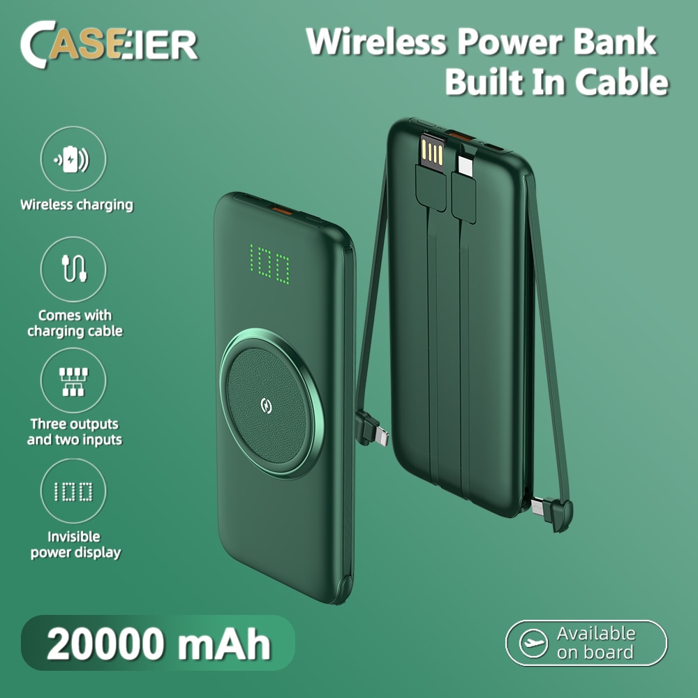 Caseier 20000Mah Draadloze Power Bank Met Kabel Voor Telefoon Onzichtbare Power Display Powerbank 10000Mah Draagbare Externe Batterij