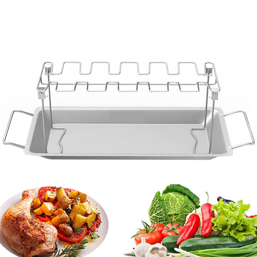 Stainless Steel Chicken Wing Leg Rack Grill Holder with Drip Pan for BBQ BBQ Rib Non Stick Carbon Steel Rack Grill 3