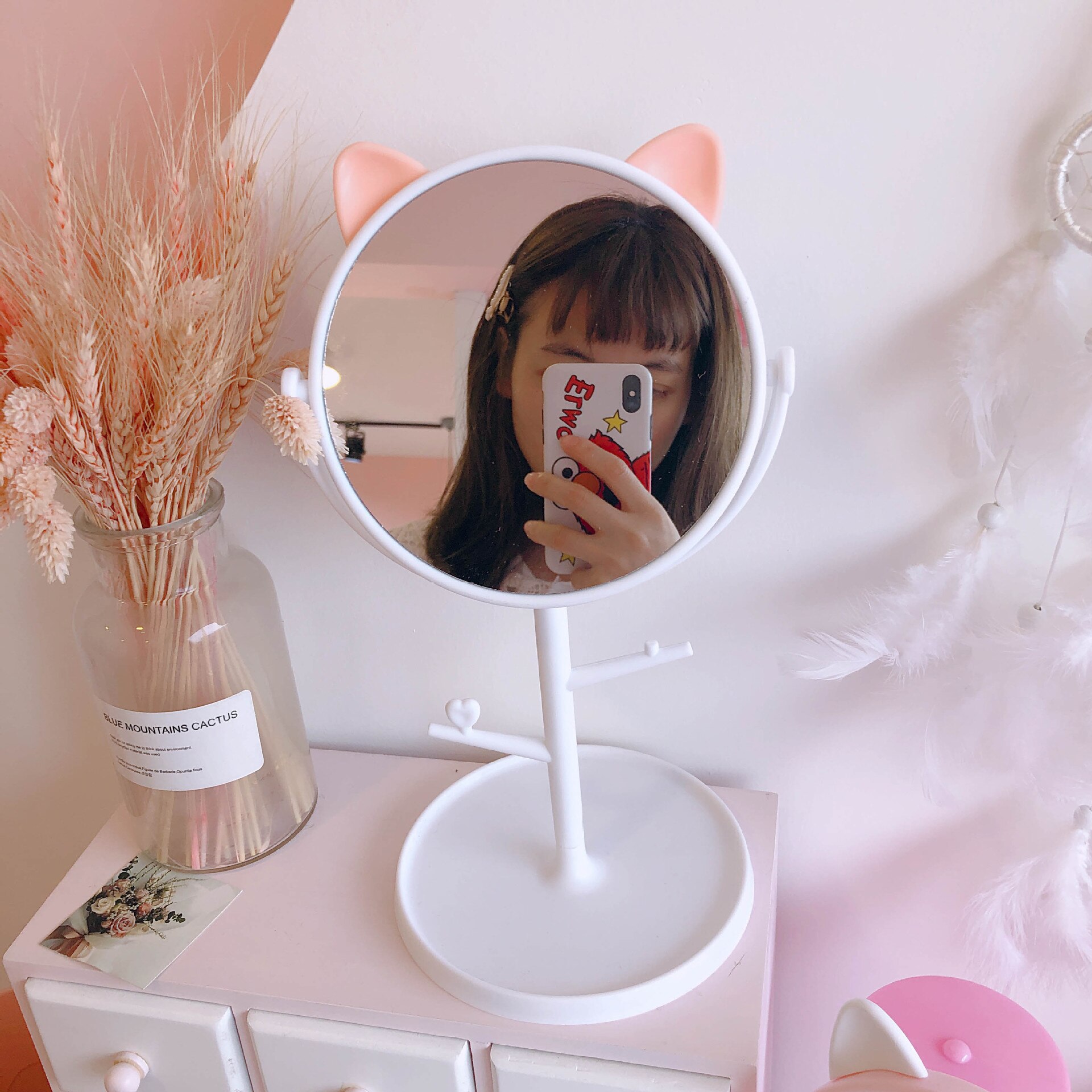 W&g beauty folde makeup spejl damer kawaii makeup makeup spejl desktop roterende spejl kat ører form kosmetiske spejle: Hvid rund bund