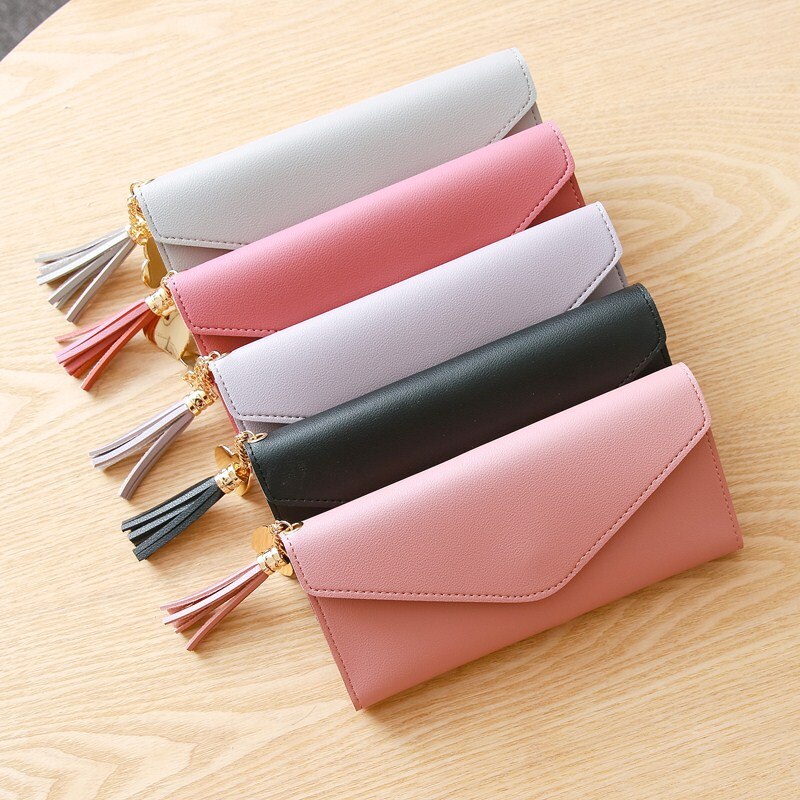 Women Leather Slim Wallet Long Trifold Credit Card Holder Organizer Purse Solid Color Handbag Lady