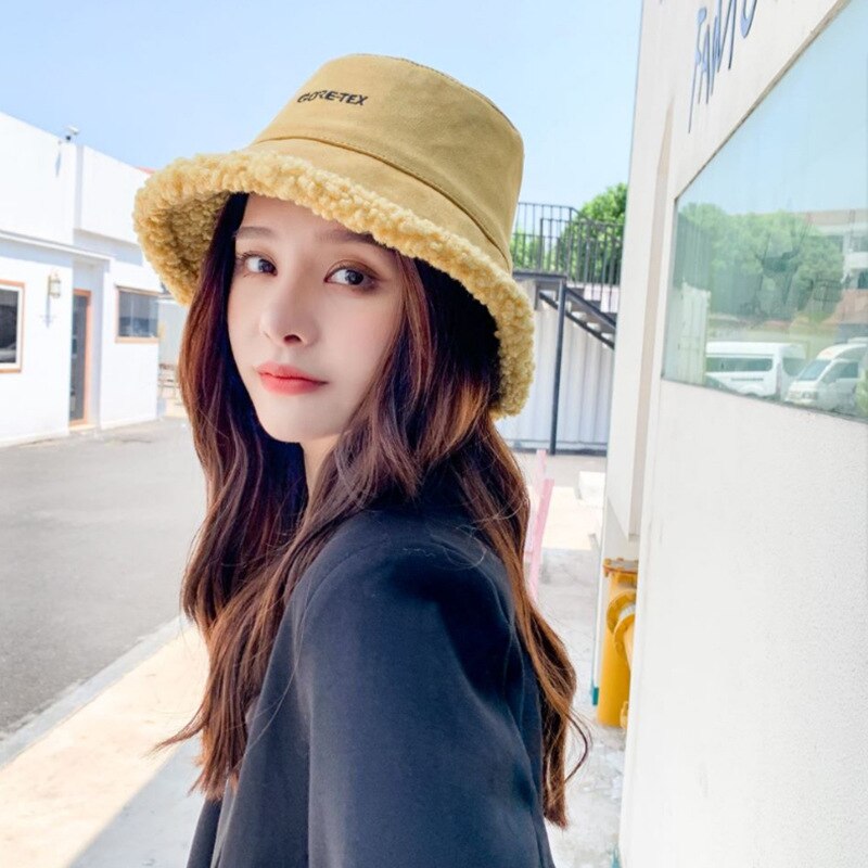 Gorro sombrero de pescador de lana oveja para mujer Otoño e Invierno estilo coreano salvaje pequeño arte fresco gorro de lavabo