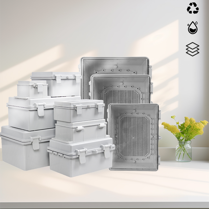 Caja de sellado electrónico impermeable para exteriores, carcasas ABS de distribución de cubierta gris/transparente IP66 con hebilla, caja de conexiones de plástico