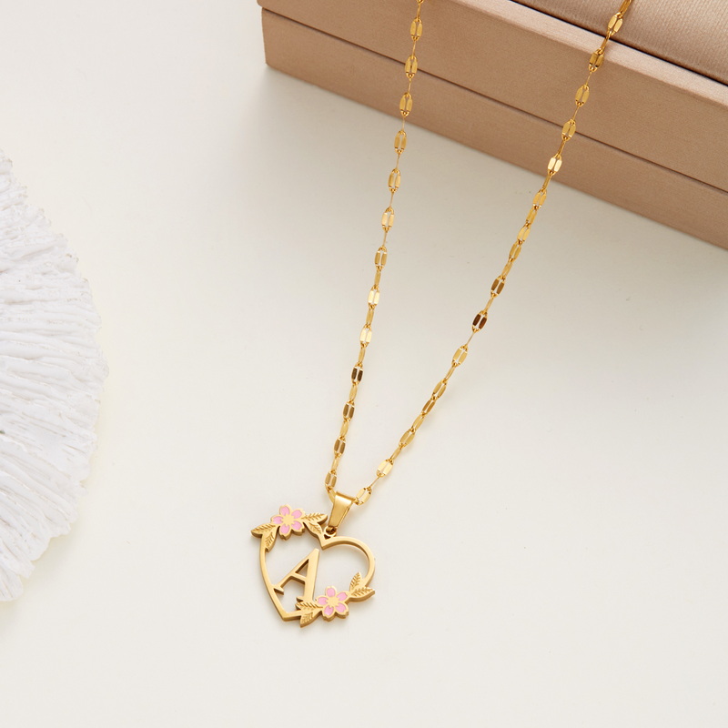 Collar con colgante de nombre y letra inicial de acero inoxidable con flor coreana para mujeres y hombres, gargantilla de amistad con letras de A-Z, de joyería