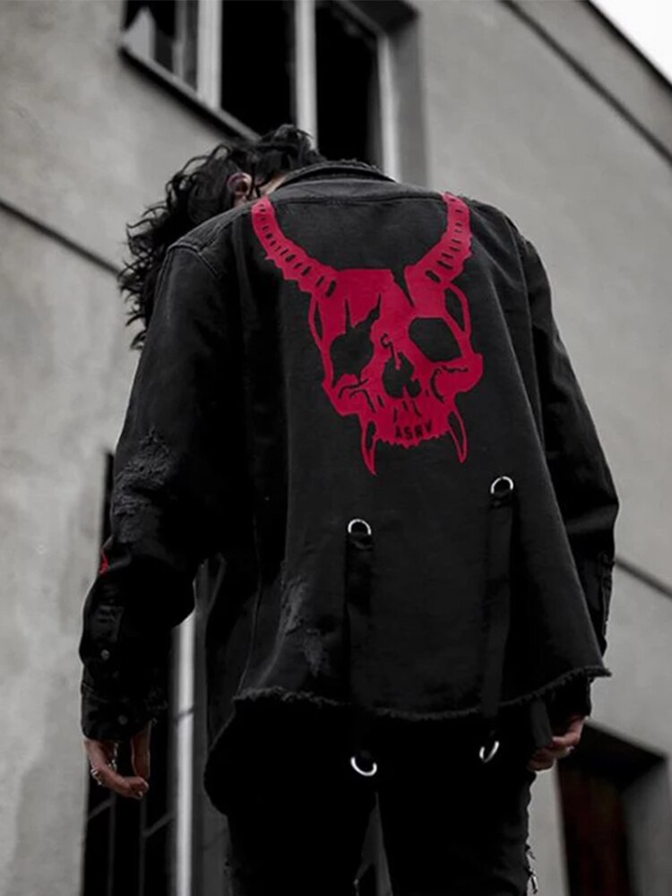Chaqueta vaquera vintage para hombre, abrigos de Hip Hop, ropa de calle de mezclilla con agujeros, Top de primavera y otoño, patrón de impresión Rock