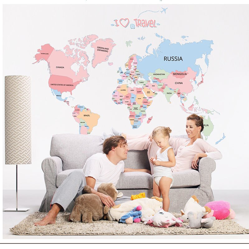 Wallstickers verdenskort indretning klistermærke wallstickers til børneværelser pædagogiske børn kort klasseværelse brev farverige baby