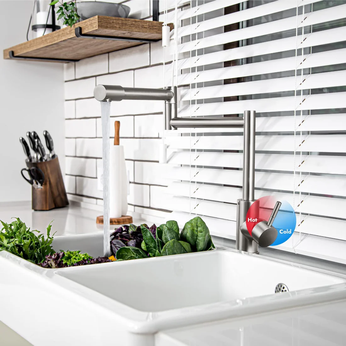 Grifo de llenado de ollas con montaje en cubierta, agua fría y , manija única, juntas dobles para encimera, 360 ° Kitc comercial retráctil giratorio