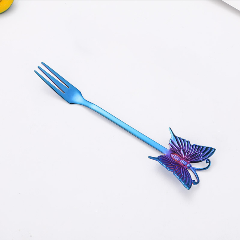 Cuillère à café en acier inoxydable 304, cuillère à café pour Dessert au sucre plaqué or, fourchette à fruits, polissage miroir poignée papillon, vaisselle 1 pièce: Blue Fork