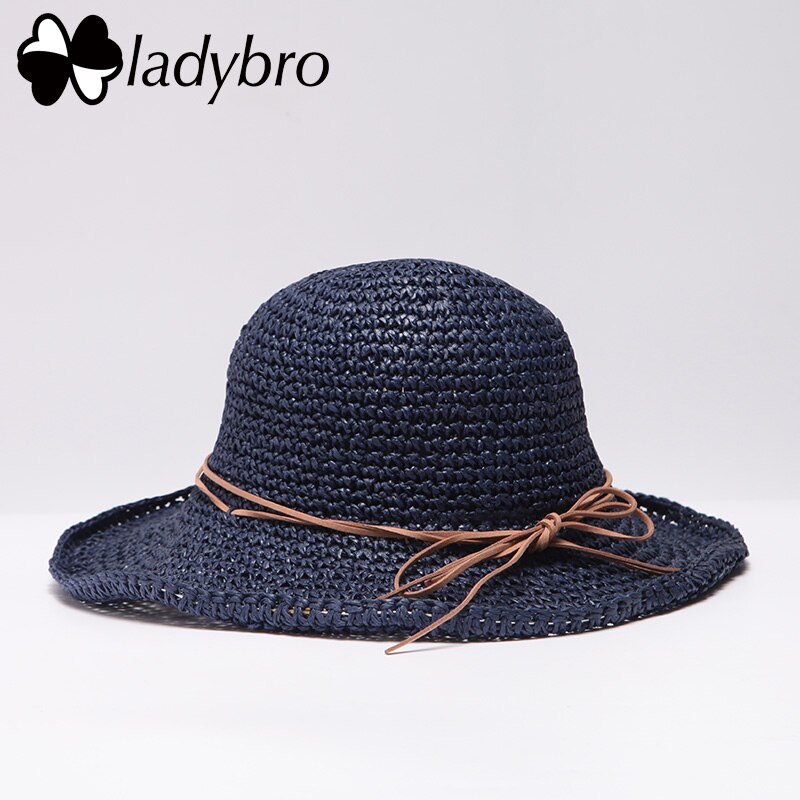 Ladybro Brand Ladies Sun Hat For Women Bowknot Raffia Straw Hat Foldable Summer Hat Wide Brim Beach Hat Female Chapeau Femme: 006 navy
