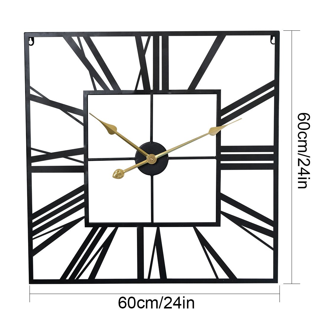 60cm 24 Inches Square Wrought Iron Hollow Roman Numeral Wall Clock Silent Hanging Clock For Home Living Room Decoration - Black