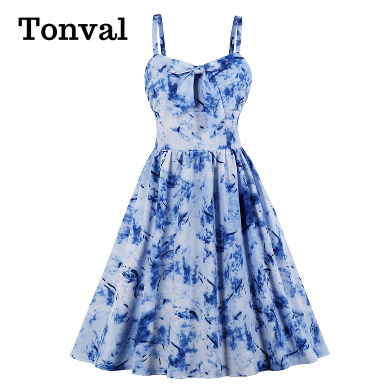 Tonval flerfarvet print sløjfe foran 50s vintage højtaljede plisserede kjoler til kvinder spaghetti rem fest pinup kjole