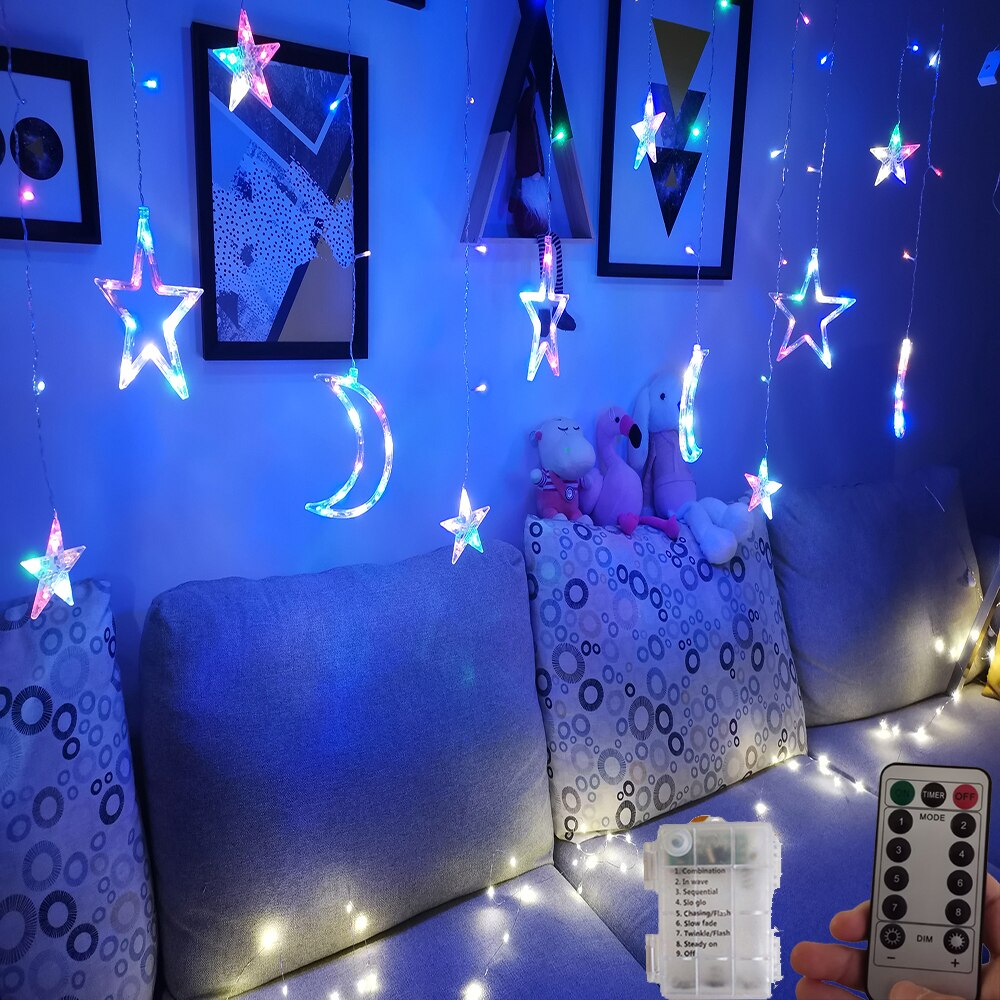 Guirlande lumineuse LED pour rideau de fées, en forme d'étoile, de lune, pour noël, pour la maison, pour une fête de mariage, pour le jardin, avec piles AA: RGB AA Remote