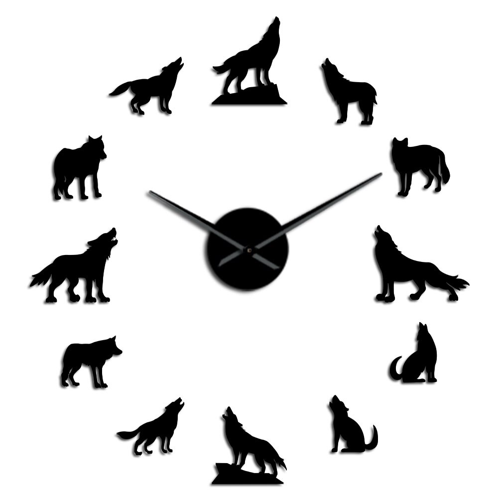 Howling Wolf 3D DIY Large Wall Clock Different Wolf Pose Frameless Wall Watch Clock Modern Home Decor Wolf Admirers: Black / 47 Inch
