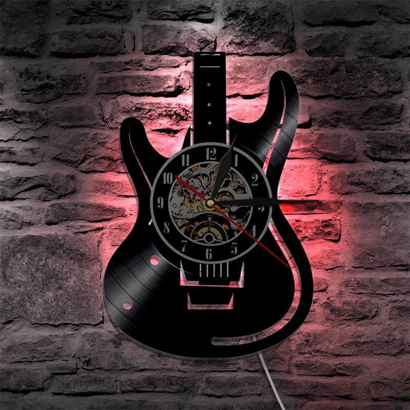 Music Theme Guitar Clock Vinyl Record LED Wall Clock Modern Musical Instruments For Music Lover reloj de pared: A -With LED Light
