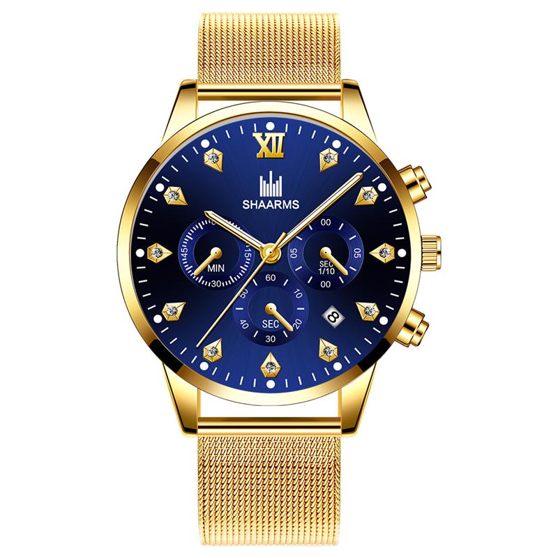 SHAARMS Men's Wristwatch Blue DialCasual Quartz Watch Stainless Steel Mesh Band Watch Date Clock Reloj Hombre