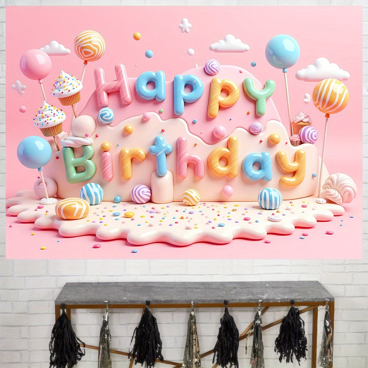 Fondo de tela Feliz cumpleaños decoración de pared banner banner con globos, dulces y pasteles rosa claro