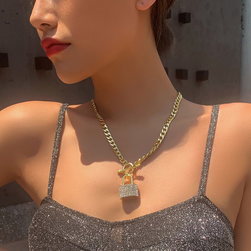 Exknl Gelaagde Crystal Lock Collier Meisjes Leuke Ketting Set Claviclel Kettingen Vrouwen Vrouwelijke Mode Choker Hals Sieraden: gold 2