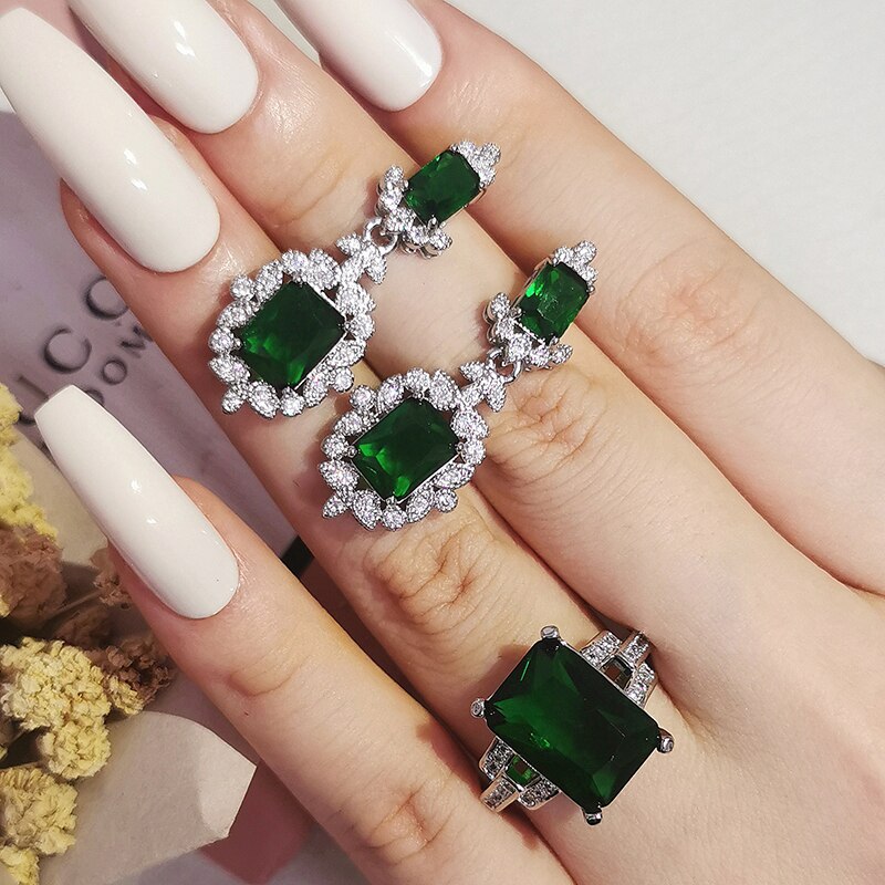 2022 Vintage Retro Groen Zilver Kleur Bruid Afrikaanse Dubai Sieraden Set Oorbellen Ringen Voor Vrouwen Christmas Party J6712