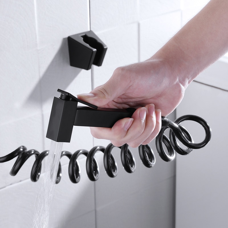 Solid messing firkantet sort bidet sprøjte badeværelse toilet håndholdt bruser bidet sæt sort slange og holder