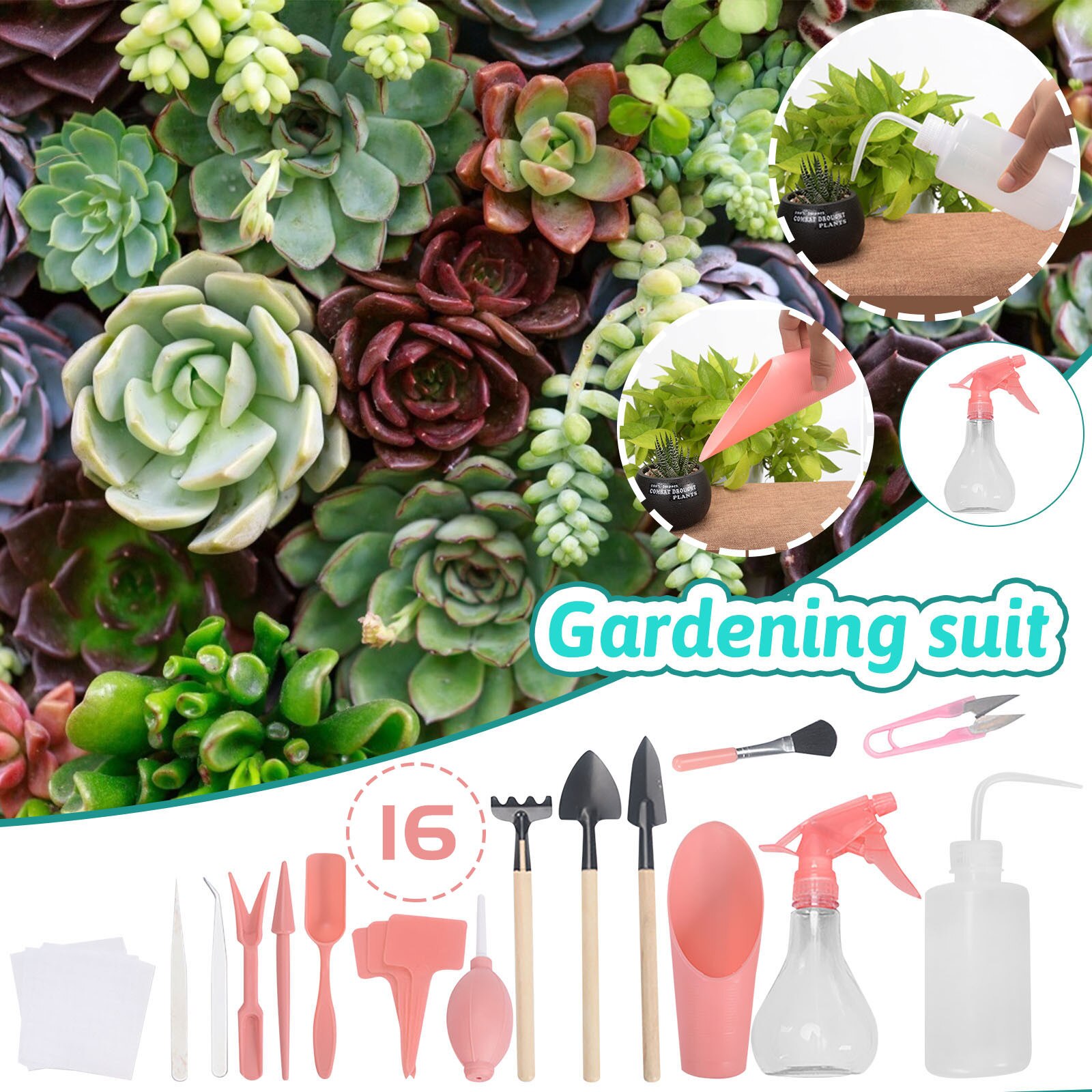 4# 16pcs Garden Planter Kit Succulent Planting Diy Tool Set Transplant Seedling Tool Bonsai Fertilizer Drilling Device Shovel