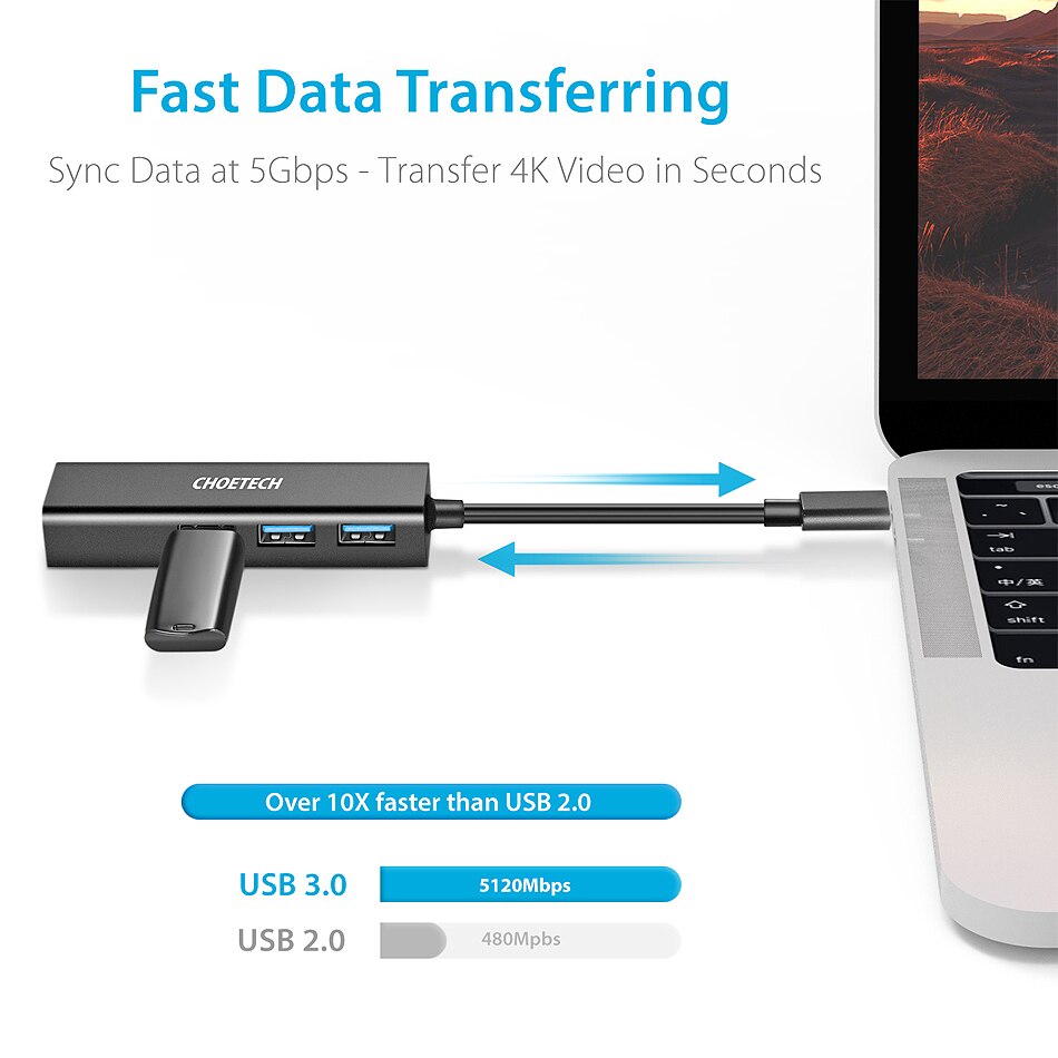 Choetech Usb C To Gigabit Ethernet Adapter Rj45 Port And 3-Port Usb 3.0 Port For Macbook/Surface Book 2
