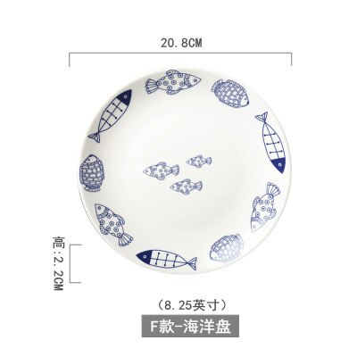 Blå og hvid keramisk salattallerken frugtbøf tallerken porcelænsservice rund western madbakke dessertretter: 4