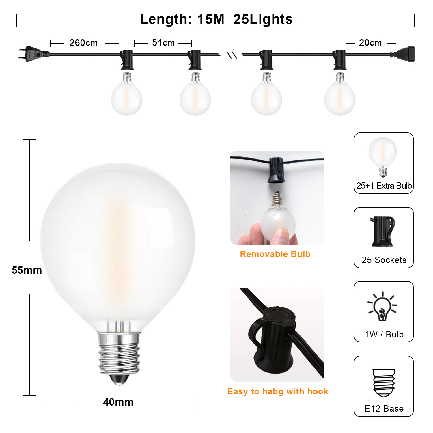65ft Fee Outdoor Lichterketten g40 LED gefrostete weiße Glühbirnen dimmbar anschließ bar wasserdicht Garten Dekor Girlande leichte Kette: RGB / 300w
