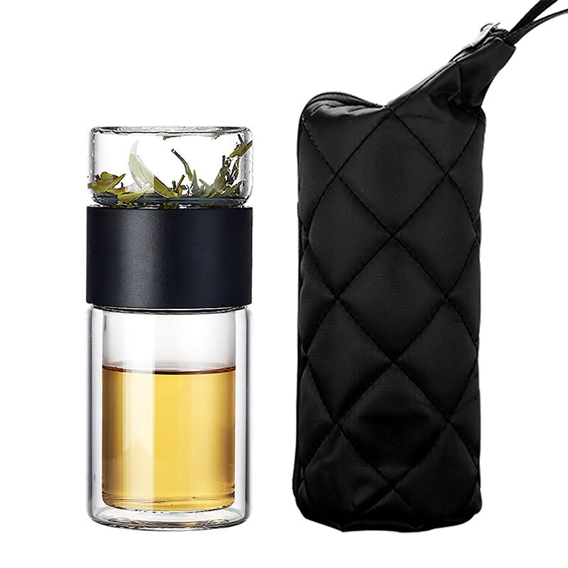 Glass Water Bottle Double Layers Tea Water Bottle Infuser Tumbler Drinkware Smart Bottle Tea Filter RERI889: Black