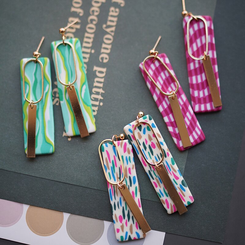 Multi lyse terne prikker abstrakt mønster lang stor størrelse messing ring dingle polymer ler pop dekorere statement øreringe sæt