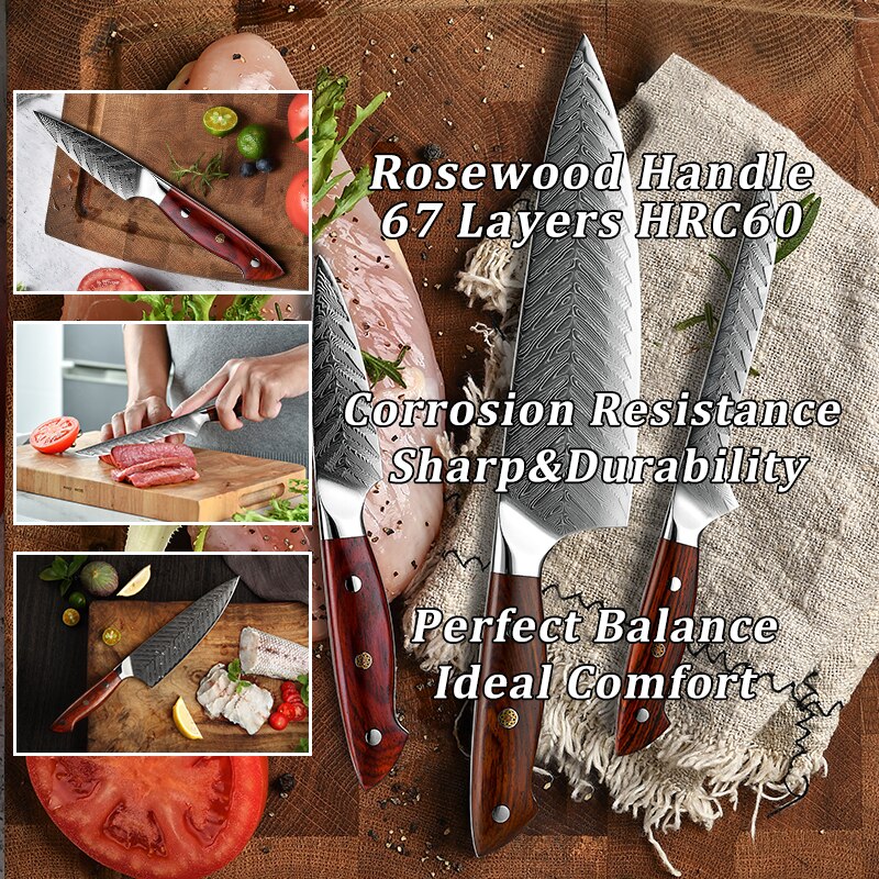 Juego de cuchillos de cocina japoneses de 67 capas, de acero damasco, para deshuesar, Chef, carne, fruta, cortador, herramientas GRANDSHARP