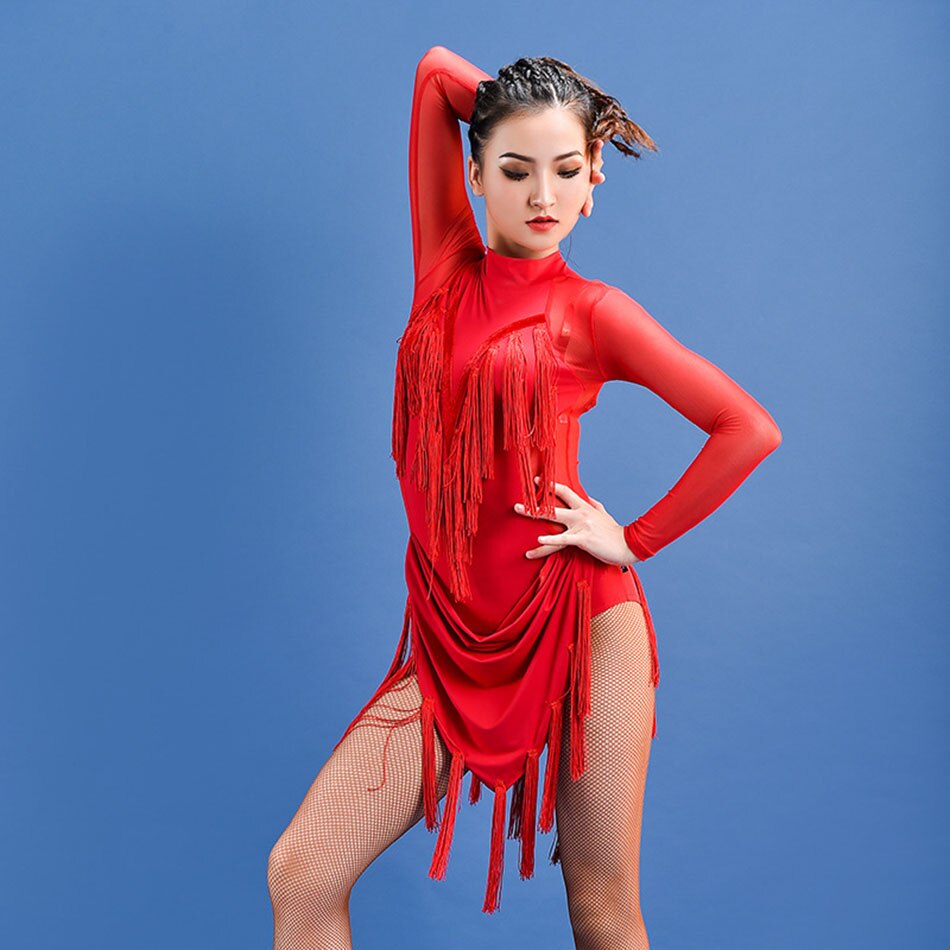 Fringe Latin Dance Dress Women Red Long Sleeve Tassel Dress for Ballroom Samba Tango Chacha Dancing Performamnce SS012