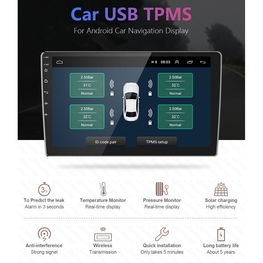 Monitor de pressão de pneus de carro tpms usb, com 4 sensores externos, sistema de alarme de monitoramento, 5v sem fio