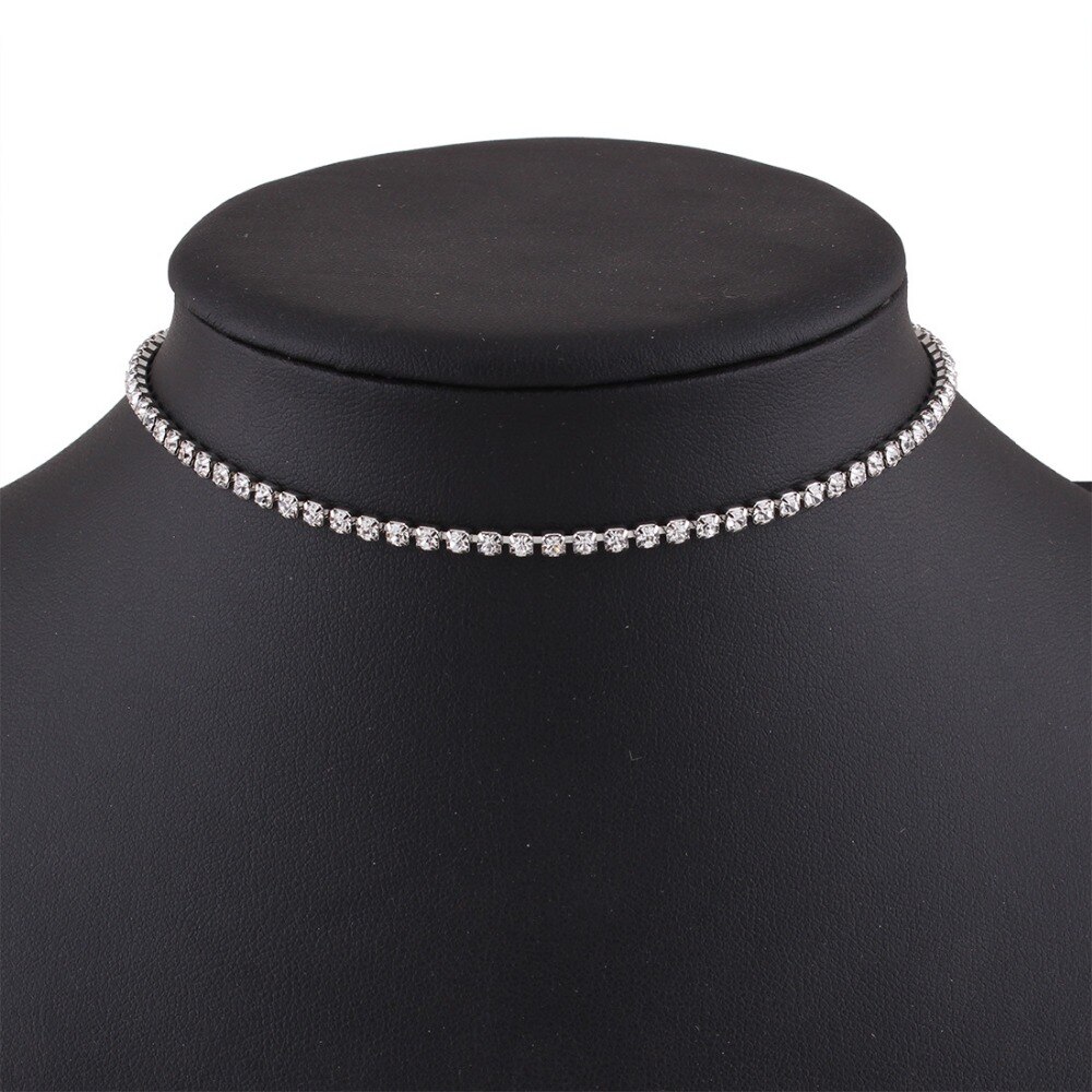 skysuk Simple 1 Row Rhinestone Crystal Choker Necklace for Women Wedding Party Shiny Chain Chokers Jewelry Collier Femme: silver color