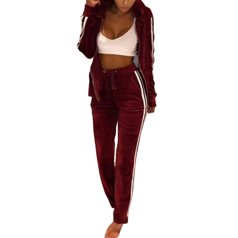 Womens Sportswear spring Winter Warm Velvet Tracksuit 2 Piece Striped hoodies Sweatshirt +Pant Sets Sweat Suit female Clothing: win red / XL