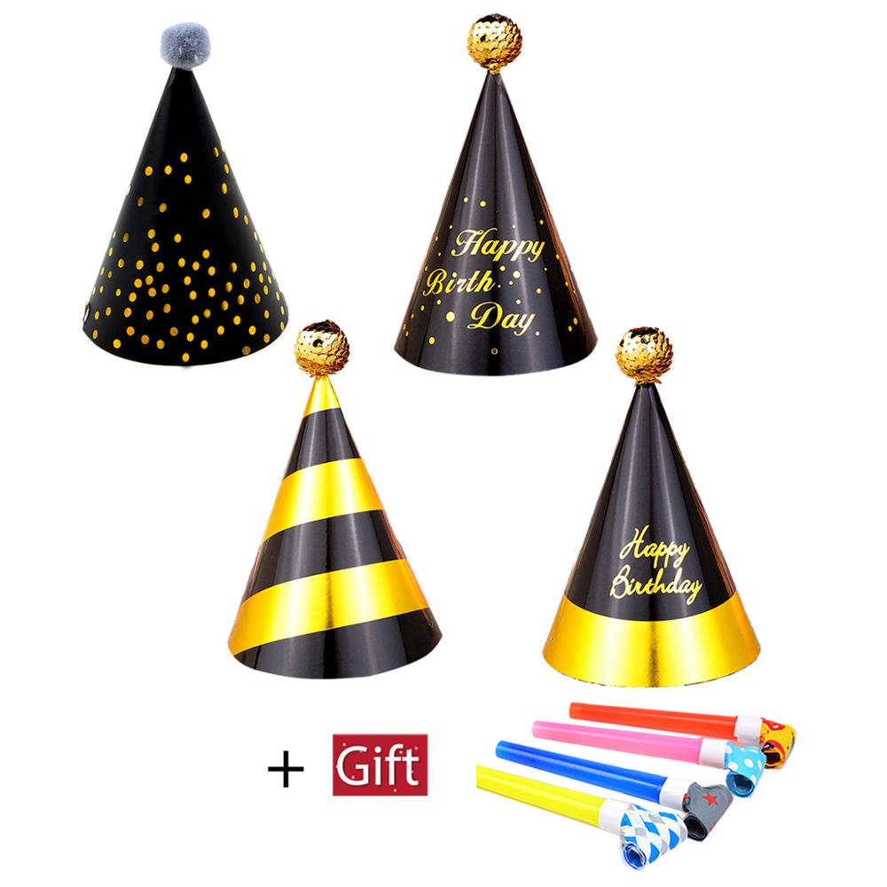 4 unids/set bebé chico gorro de papel de cumpleaños niño niña gorros de de cumpleaños festivo decoración sombrero dar dragón soplador silbato suministros: 4 pcs black