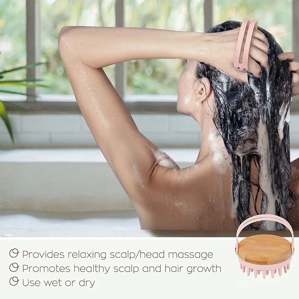 Schampoborste i trä med silikonmassage, vått och torrt hår, hårbottenborste, duschborste, hårbottenskrubber, exfolierande kroppsmassageapparat
