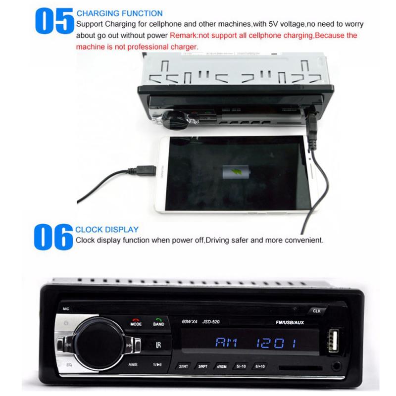 Bluetooth Car Stereo Audio In~Dash FM Aux Input Receiver SD USB MP3 Radio Player Car Radio 12V Bluetooth V2.0 JSD520