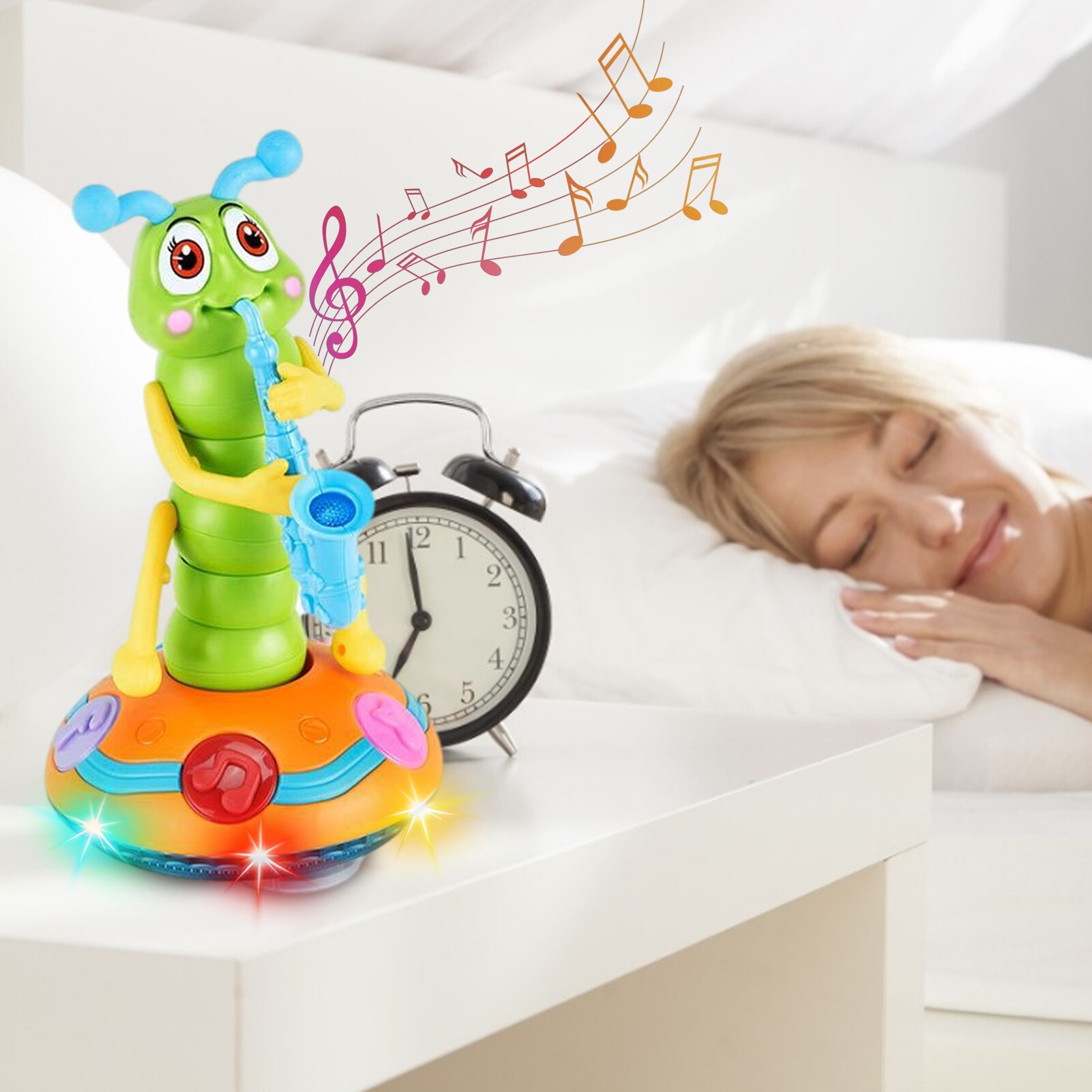 Sassofono danzante Caterpillar giocattoli musicali elettrici divertenti con torce a LED per bambini rotazione giocattoli per bambini suoni giocattoli di gioco