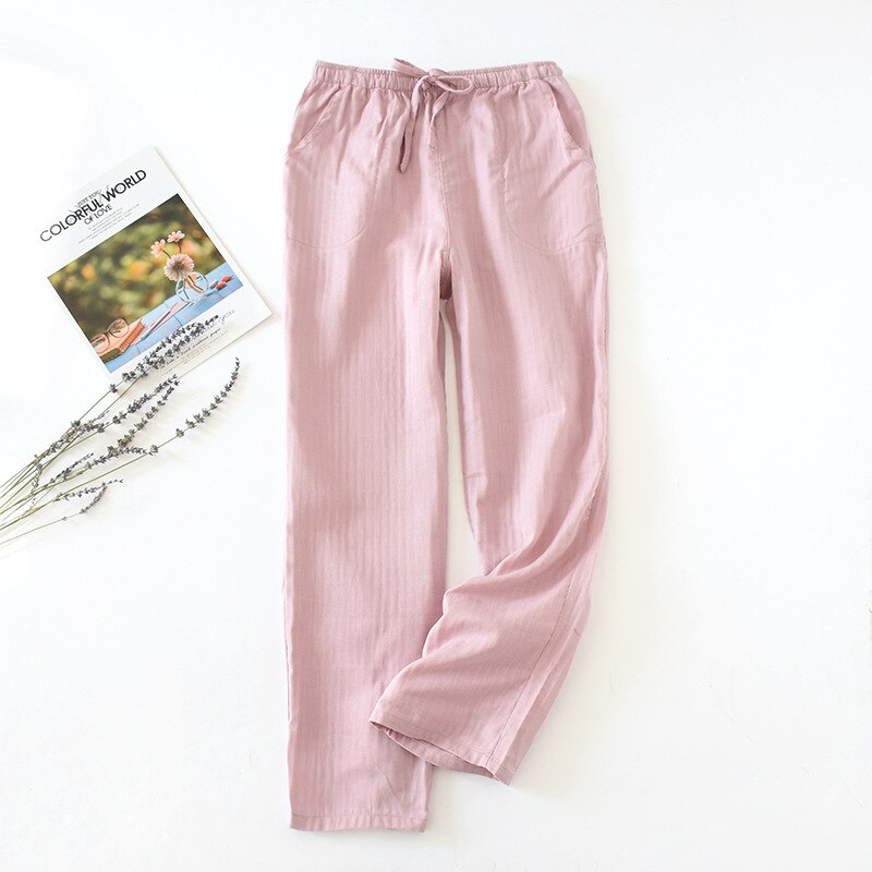 Pijamas japoneses para hombres y mujeres, pantalones de Casa de algodón lavado de gasa doble, pantalones sueltos y cómodos, informales, wt49,: Women Pink / L