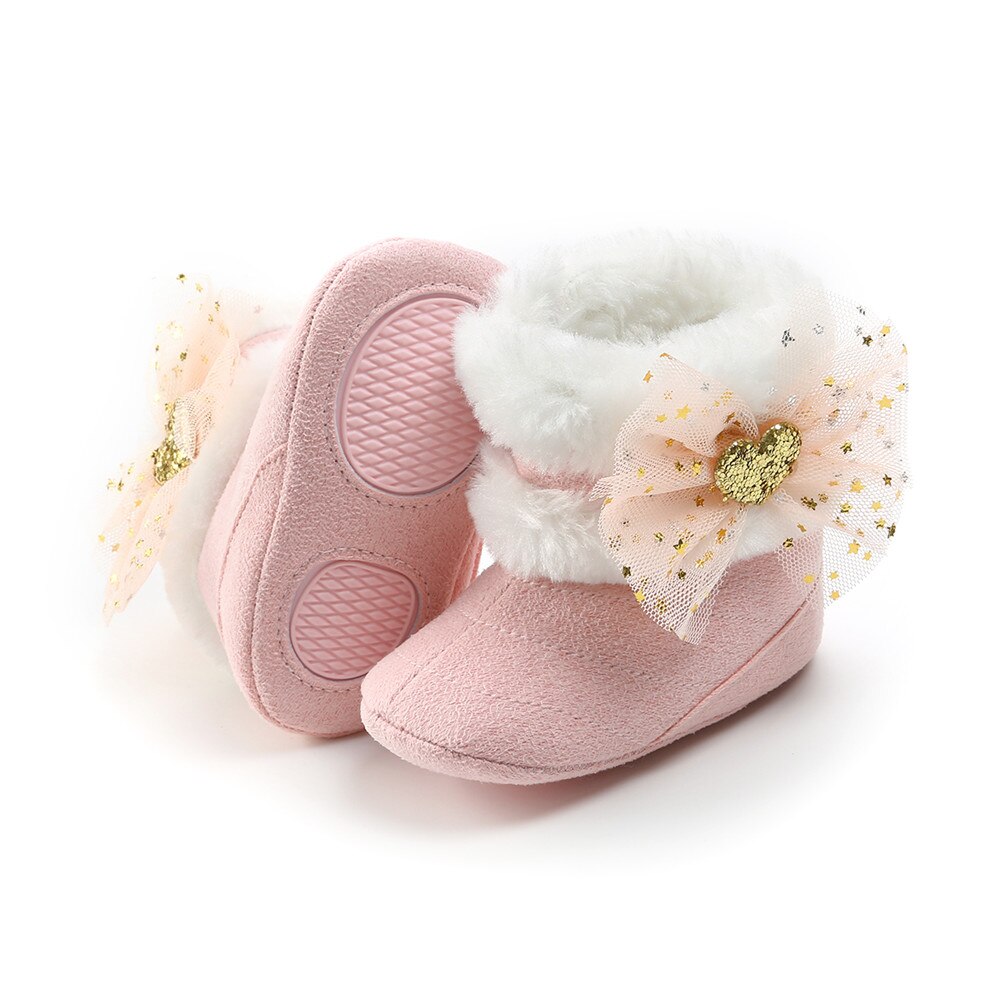 Bottes de neige bébé fille flambant neuf, semelle souple anti-dérapant doublure en fausse fourrure bottines avec mignon Tulle nœud hiver